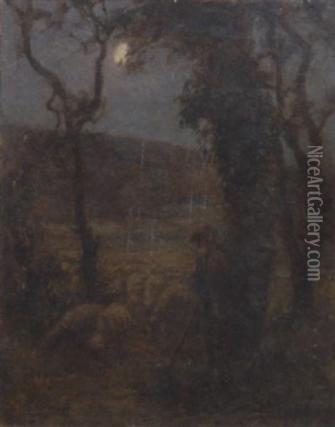 A Shepherd In Moonlight Oil Painting - Harold Joseph Swanwick