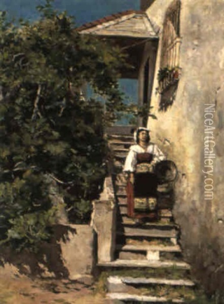 Italiensk Kvinna Vid Trappa Oil Painting - Georg Pauli