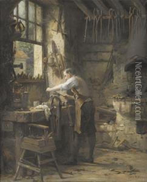 Schmied In Der Werkstatt. Oil Painting - Georges Emile, Geo Weiss