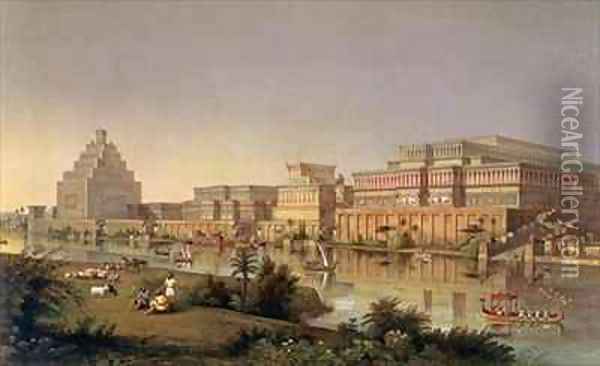 The Palaces of Nimrud Restored a reconstruction of the palaces built by Ashurbanipal on the banks of the Tigris Oil Painting - Fergusson, James