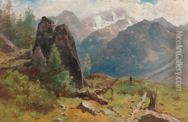 Berglandschaft Mit Hirtenjungen. Oil Painting - Gustave Castan