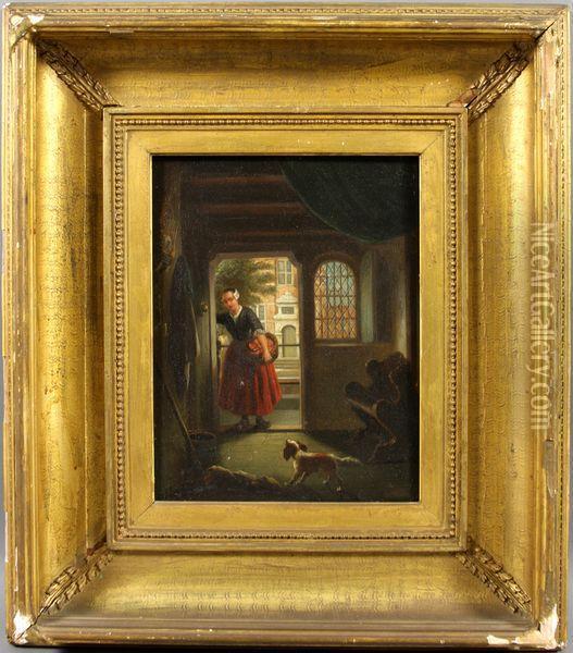 Woman In Doorway Holding Basket Oil Painting - Bartholomeus J. Van Hove