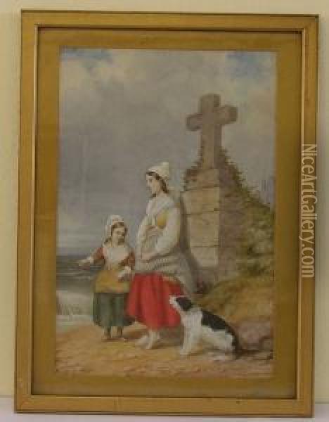 Young Girls And A Dog Beside A Stone Cross On A Sea Shore Oil Painting - William Robinson