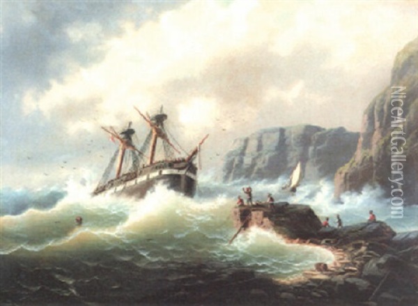Schiff In Seenot Oil Painting - Josef Karl Berthold Puettner