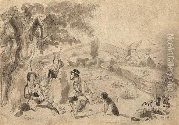 Bucolic Landscape With Figures Oil Painting - I. Robert and George Cruikshank