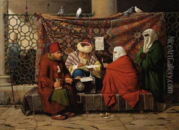 A Turkish Notary Drawing Up A 
Marriage Contract In Front Of The Kilic Ali Pasha Mosque, Tophane, 
Constantinople Oil Painting - Martinus Rorbye