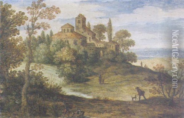 An Italianate Landscape With A Fisherman And His Family, A Monastery On A Hill And A Town In An Extensive Landscape Oil Painting - Marten Ryckaert