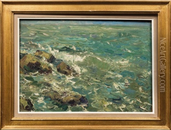 Les Flots Submergeant Les Rochers Oil Painting - Georgi Alexandrovich Lapchine