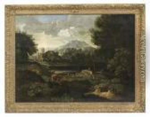 Landscape With Travellers Before A Lake Oil Painting - Nicolas Poussin