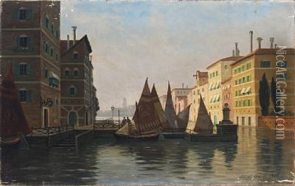 Scenery From Venice With Dinkys By A Dock Oil Painting - Alfred Olsen