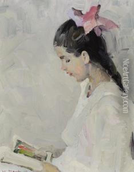 Portrait Of Vivian E. Dunton With Book Oil Painting - W. Herbert Dunton