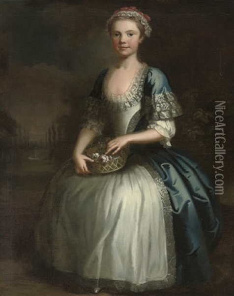 Portrait Of A Girl In A Blue Dress And Pink And White Lace Bonnet Oil Painting - Bartholomew Dandridge