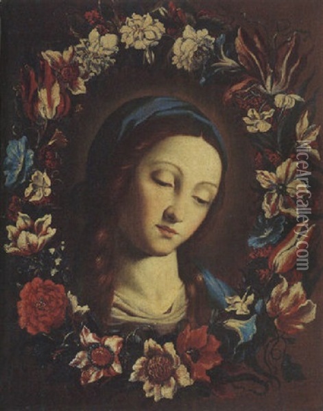 The Head Of The Virgin Surrounded By A Garden Of Flowers Oil Painting - Giovanni Battista Salvi (Il Sassoferrato)