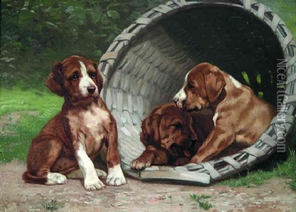 A Basket Of Puppies Oil Painting - John Henry Dolph