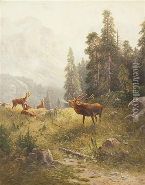 Gebirgslandschaft Mit Hirsch In Der Brunft Oil Painting - Ludwig Sckell