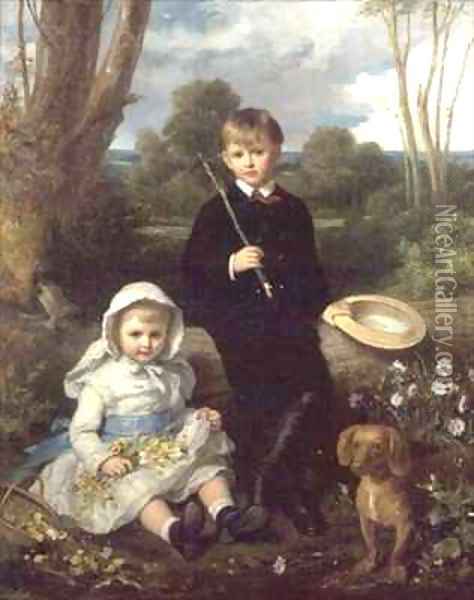 Portrait of a Brother and Sister with their Pet Dog in a Wooded Landscape Oil Painting - Eden Upton Eddis