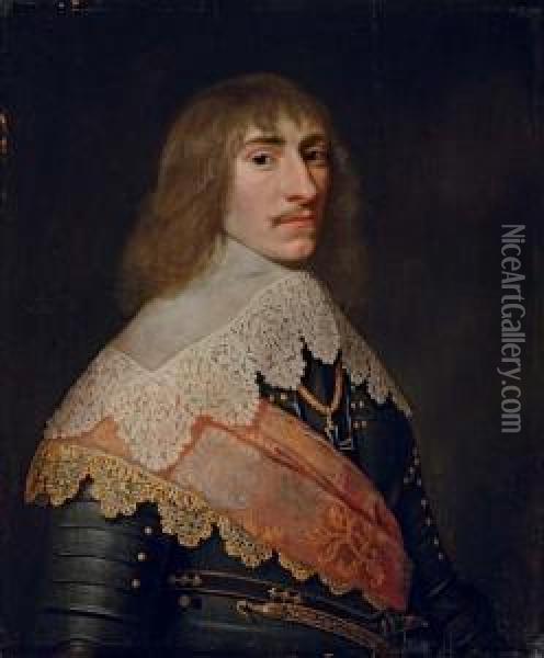 Portrait Of A Nobleman, Half-length, In Armour With An Orange Embroidered Sash Oil Painting - Michiel Jansz. Van Miereveldt