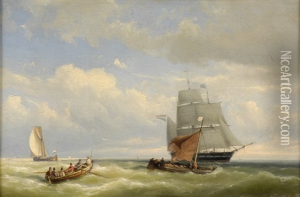 Handelsschiff Und Fischerboote Vor Der Kuste Oil Painting - Hermanus Koekkoek the Younger