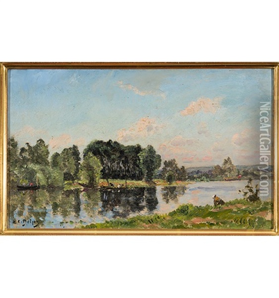 Sonnenbeschienene Flusslandschaft Mit Figurenstaffage Oil Painting - Hippolyte Camille Delpy