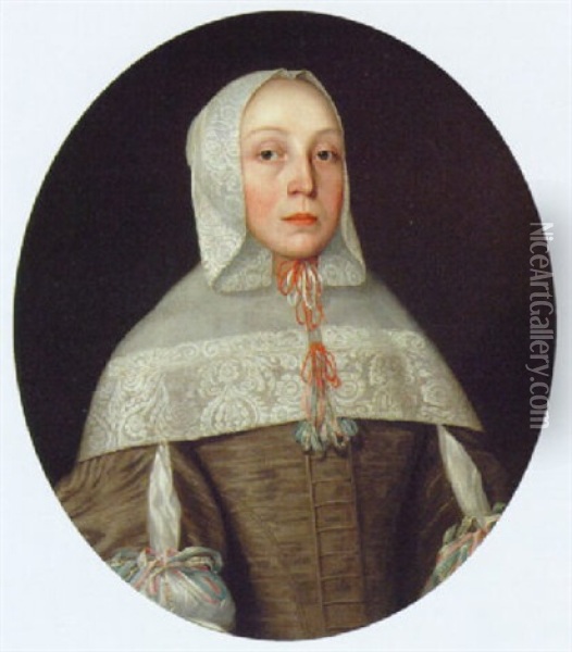 Portrait Of A Woman, In A Grey Dress With A White Lace Headdress And Collar With Red And Blue Ribbons Oil Painting - Willem Willemsz van der Vliet