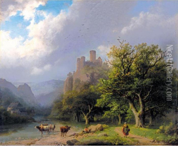 Landscape With A Castle, Figures And Cows Oil Painting - Barend Cornelis Koekkoek