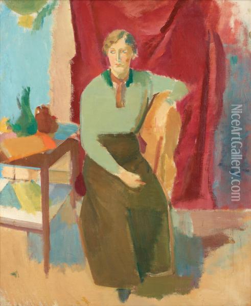 Sittande Kvinna I Gron Blus Oil Painting - Karl Isakson