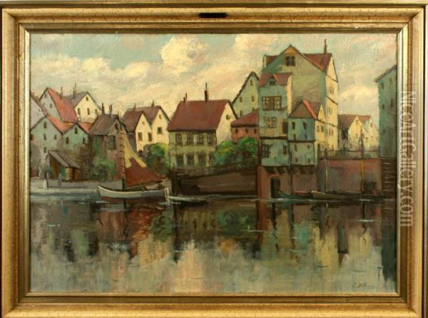 Alte Stadtansicht Mit Fischerhausern Und Raucherei / Am Bodden Oil Painting - Erasmus Bohme