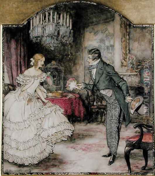 A young man presenting a bouquet to a girl standing in a drawing room Oil Painting - Arthur Rackham
