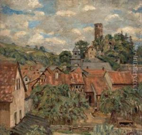 Dorf Mit Kirche Und Burgruine Oil Painting - Alfred Schnaars
