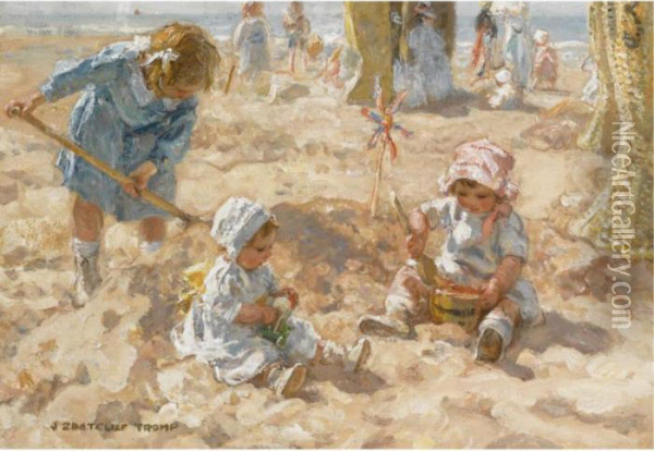 A Day At The Beach Oil Painting - Jan Zoetelief Tromp