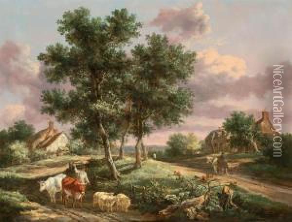 A Landscape With A Drover On A Path With Sheep And Cattle, Cottages And Travellers Beyond Oil Painting - Henry Milbourne