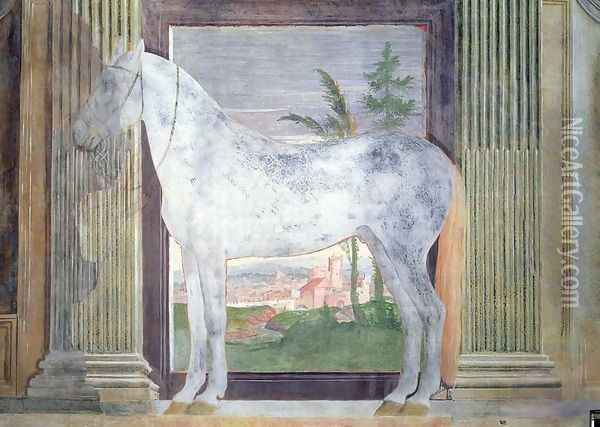 Sala dei Cavalli, detail showing a portrait of a grey horse from the stables of Ludovico Gonzaga III of Mantua, 1528 2 Oil Painting - Giulio Romano (Orbetto)