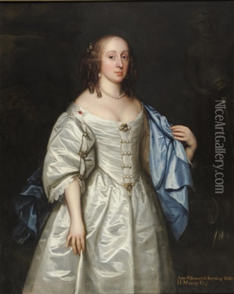 Portrait Of Ann, Viscountess Bayning, Wife Of H Murray Esqr, Standing, Three-quarter Length, Wearing A Cream Satin Dress And Blue Cloak Oil Painting - Jacob Huysmans