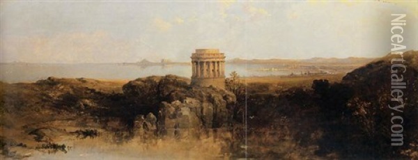 The Entrance To The Firth Of Forth, With A Proposed Reconstruction Of The Temple Of The Sybil, At Tivoli, On The Rock Of Dunapie, In Queen's Park, Edinburgh Oil Painting - David Roberts