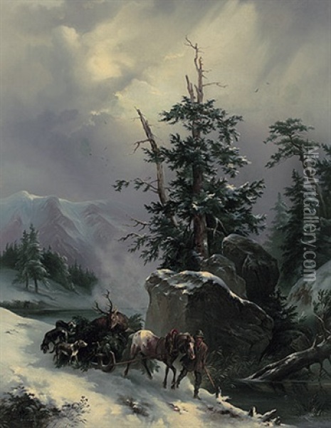 Winterliche Hochgebirgslandschaft. Jager Bringt Erlegten Hirschen Auf Dem Schlitten Zu Tal Oil Painting - Julius Carl Schulz