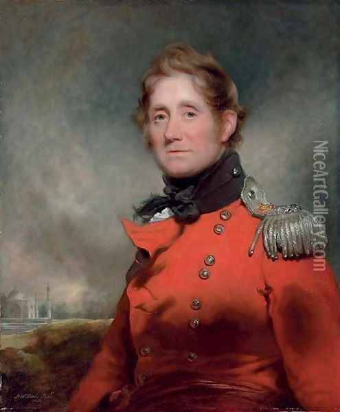 Portrait of Major John Bradford (1758-59-1841), half-length, in the uniform of the 21st Bengal Native Infantry, with the Taj Mahal beyond Oil Painting - Arthur William Devis