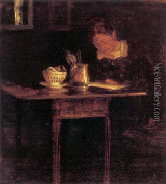 Interior Med Laesende Kvinde Oil Painting - Carl Vilhelm Holsoe
