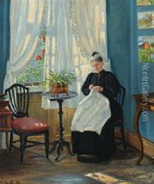 A Seamstress In A Sunlit Room Oil Painting - Catherine Helene Zernichow