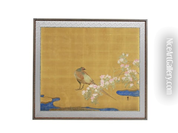 Decorated With A Solitary Pheasant Beside Flowering Azalea Growing Beside A Stream Oil Painting - Kimura Buzan