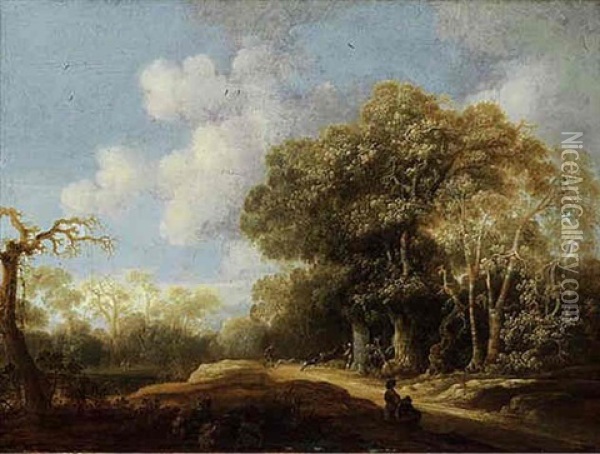 A Wooded Landscape With A Stag Hunt Oil Painting - Jacobus van der Hagen