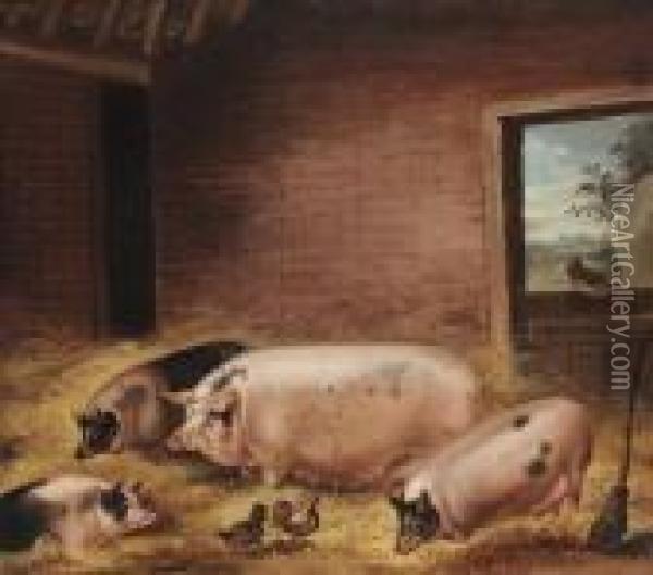 Four Pigs With Chickens In A Barn Oil Painting - Thomas Weaver