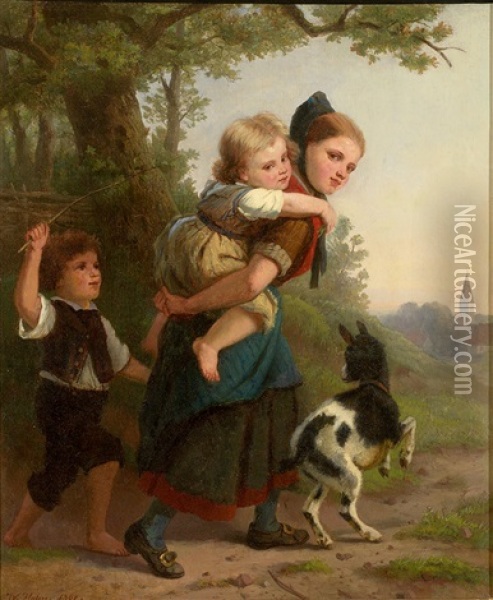 Madchen Mit Den Kleinen Geschwistern Und Ziegenbocklein Auf Dem Heimweg Am Abend Oil Painting - Karl Wilhelm Hahn