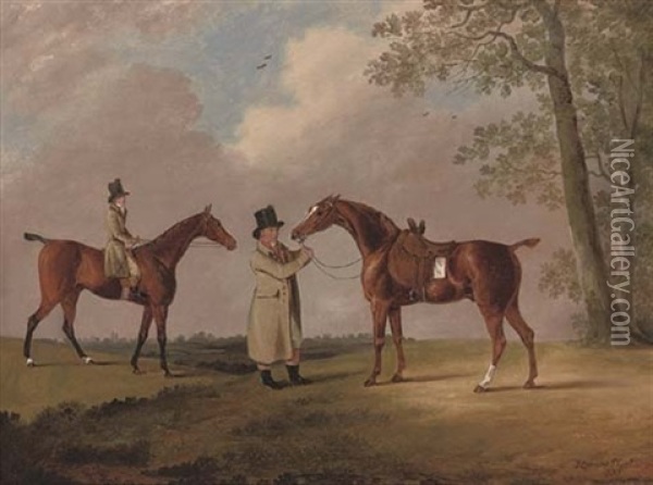 Two Gentleman With Their Hunters, In An Extensive Landscape Oil Painting - Edwin Cooper