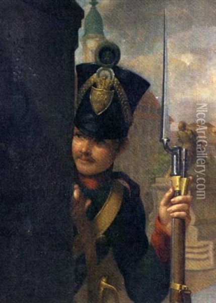 Portrait Of A German Guardsman, Holding A Rifle And Bayonet, In A Town Square Oil Painting - Ferdinand von Rayski