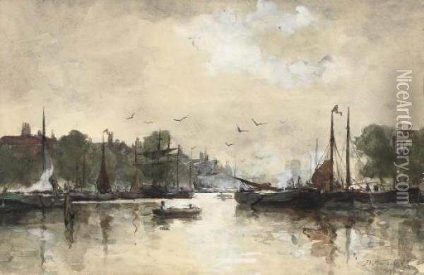 A Busy Day In Rotterdam Oil Painting - Johann Hendrik Van Mastenbroek
