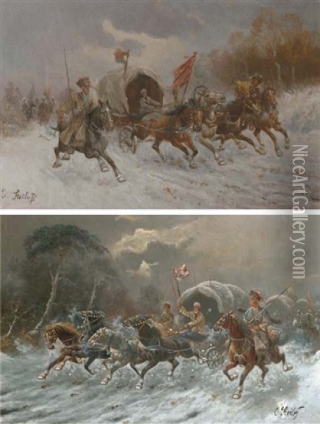 Cossacks On Horseback In Full Gallop (pair) Oil Painting - Adolf (Constantin) Baumgartner-Stoiloff