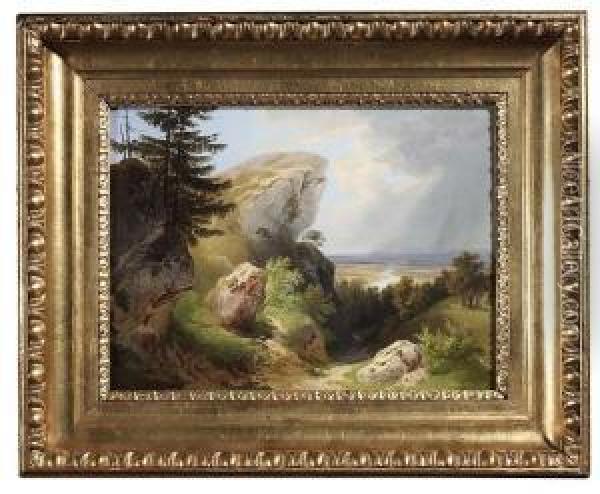 Joseph . Summery Landscape With View Onto A Wide River Valley Oil Painting - Josef Hoger