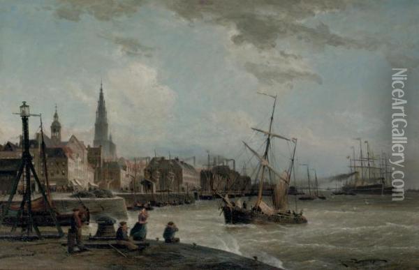 Shipping On The Schelde, Antwerp Oil Painting - Cornelis Christiaan Dommersen