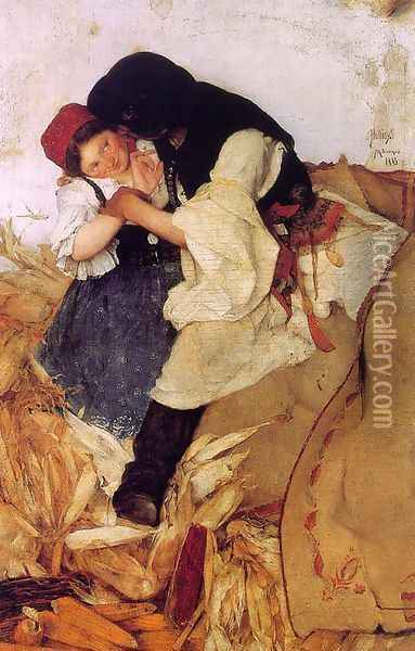 Corn Husking 1885 Oil Painting - Simon Hollosy