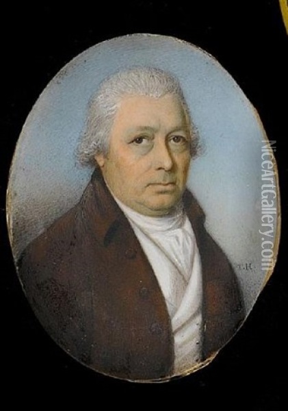 A Gentleman, Wearing Brown Coat, White Waistcoat And Tied White Stock, His Hair Powdered Oil Painting - Thomas Hazlehurst